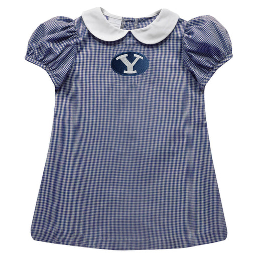 BYU Cougars Embroidered Navy Gingham Short Sleeve A Line Dress