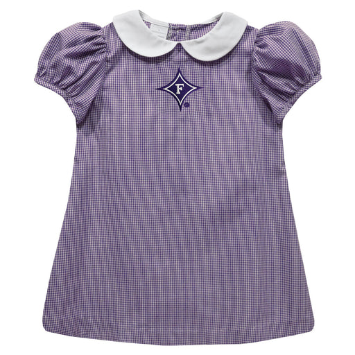 Furman Paladins Embroidered Purple Gingham Short Sleeve A Line Dress