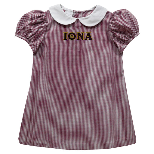 Iona College Gaels Embroidered Maroon Gingham Short Sleeve A Line Dress