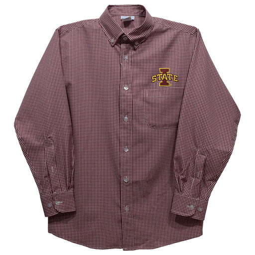 Iowa State Cyclones ISU Embroidered Maroon Gingham Long Sleeve Button Down