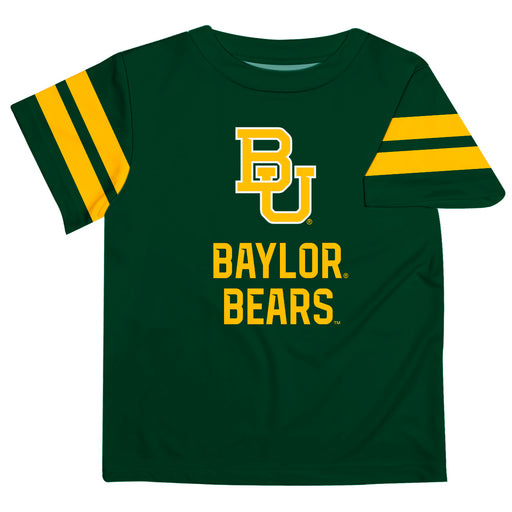 Baylor Bears Vive La Fete Boys Game Day Green Short Sleeve Tee with Stripes on Sleeves