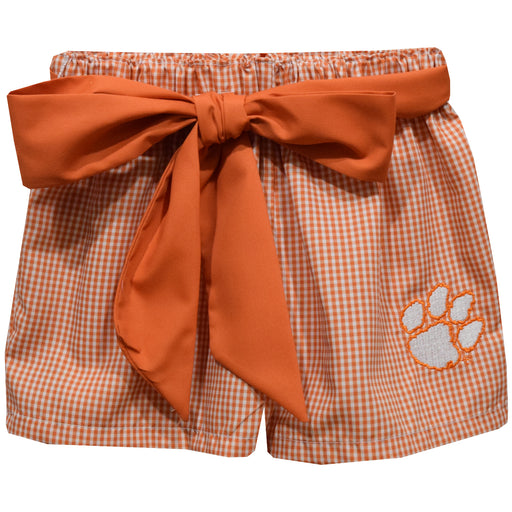Clemson Tigers Embroidered Orange Gingham Girls Short with Sash