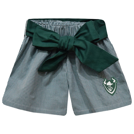 Portland State Vikings Embroidered Hunter Green Gingham Girls Short with Sash