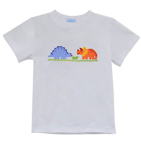 Dinosaurs Applique White Knit Short Sleeve Boys Tee Shirt