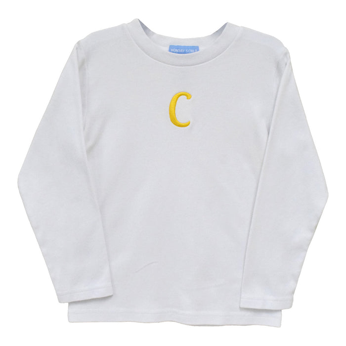 White Knit With Yellow Monogram Long Sleeve Boys Tee Shirt