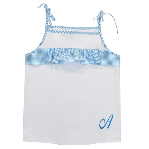 White Top w Turquoise Monogram plaid ruffle