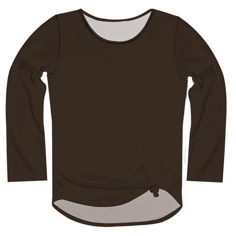 Brown Solid Long Sleeve Knot Top