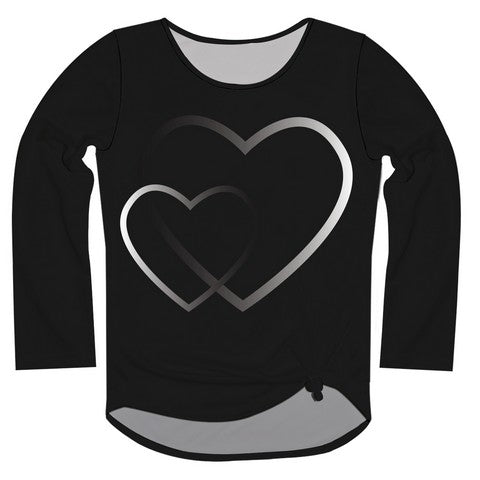 Hearts Black Long Sleeve Knot Top