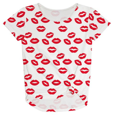 Lips Print White Short Sleeve Knot Top