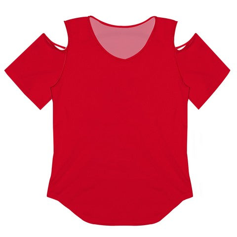 Red Solid Short Sleeve Cold Shoulder Top