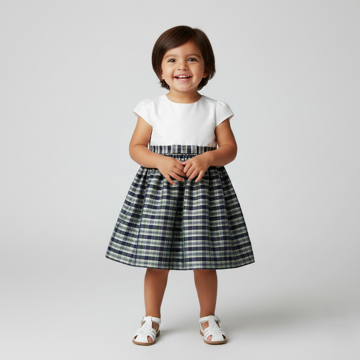 Navy Plaid Silk Dress Short Sleeve