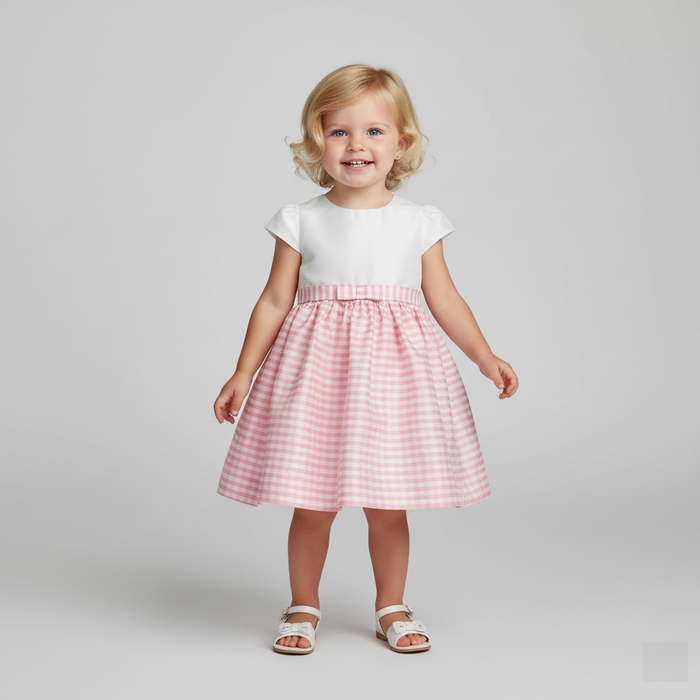 Pink Check Silk Dress Short Sleeve