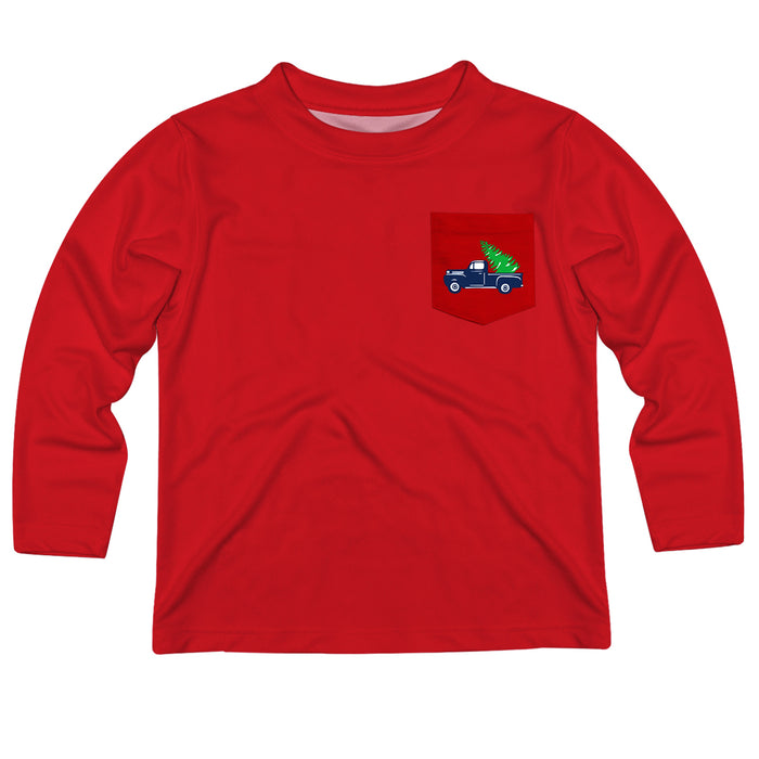Truck with Christmas Tree Red Long Sleeve Tee Shirt With Pocket