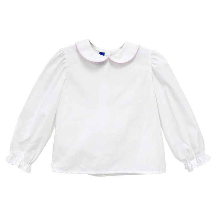 White Solid Girls Button Back Blouse Long Sleeve With Piping