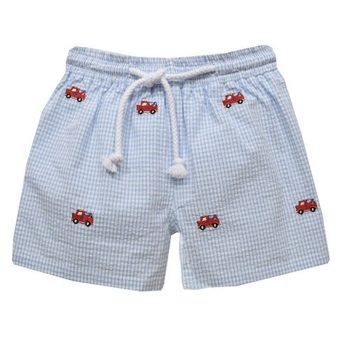 Crane Embroidery Light Blue Check Seersucker Boys Swimtrunks