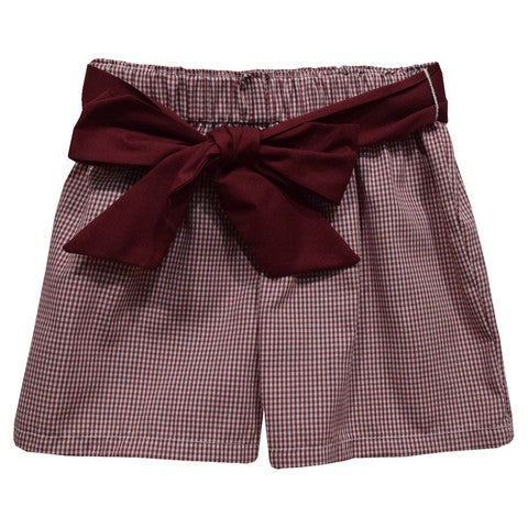Maroon Gingham Girls Short with Sash