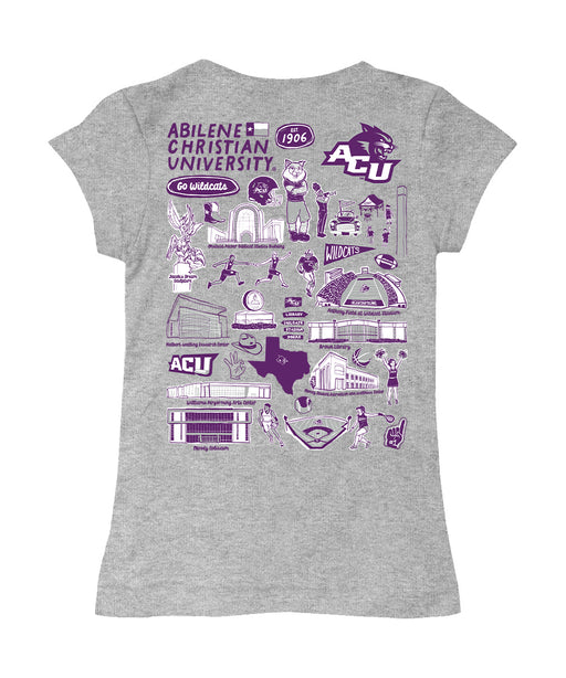 Abilene Christian Wildcats ACU Hand Sketched Vive La Fete Impressions Artwork Grey Girls Cotton Short Sleeve Tee - Vive La Fête - Online Apparel Store