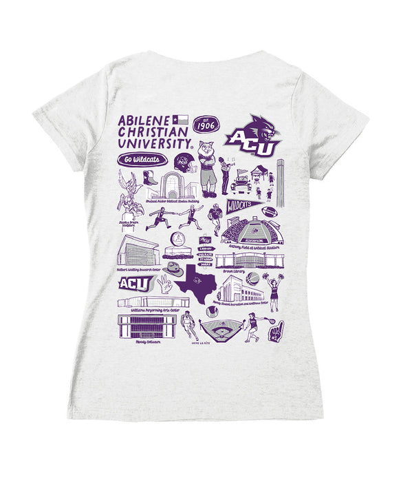 Abilene Christian Hand Sketched Vive La Fete Impressions Artwork Women Cotton Short Sleeve V-Neck Tshirt