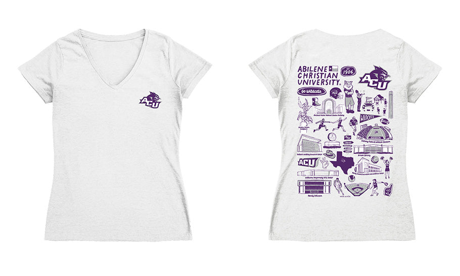 Abilene Christian Hand Sketched Vive La Fete Impressions Artwork Women Cotton Short Sleeve V-Neck Tshirt