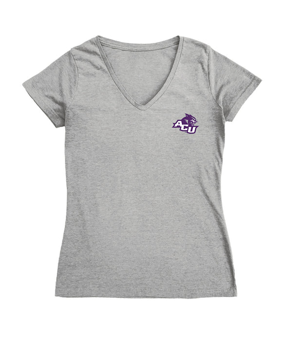 Abilene Christian Wildcats Hand Sketched Vive La Fete Impressions Artwork Grey Women Cotton Short Sleeve V-Neck Tshirt