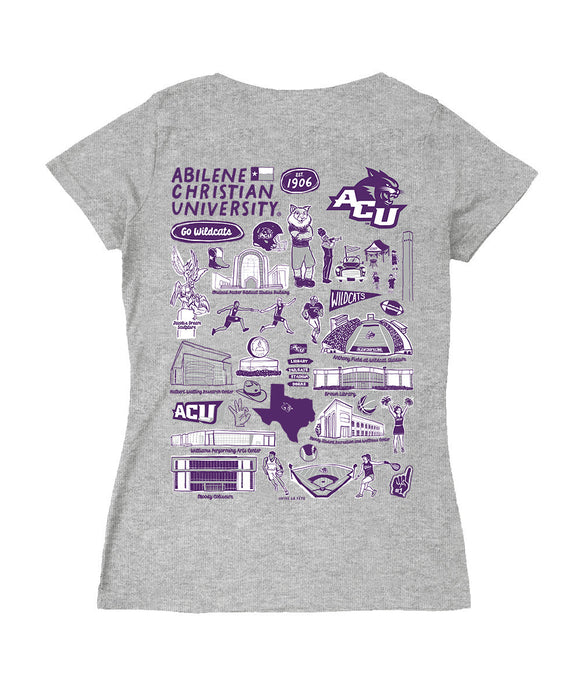 Abilene Christian Hand Sketched Vive La Fete Impressions Artwork Women Cotton Short Sleeve V-Neck Tshirt