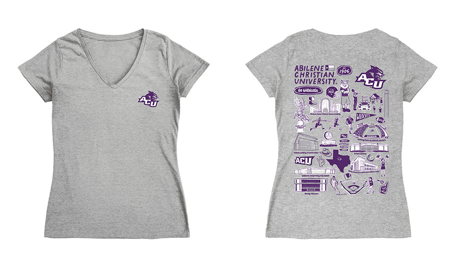 Abilene Christian Hand Sketched Vive La Fete Impressions Artwork Women Cotton Short Sleeve V-Neck Tshirt