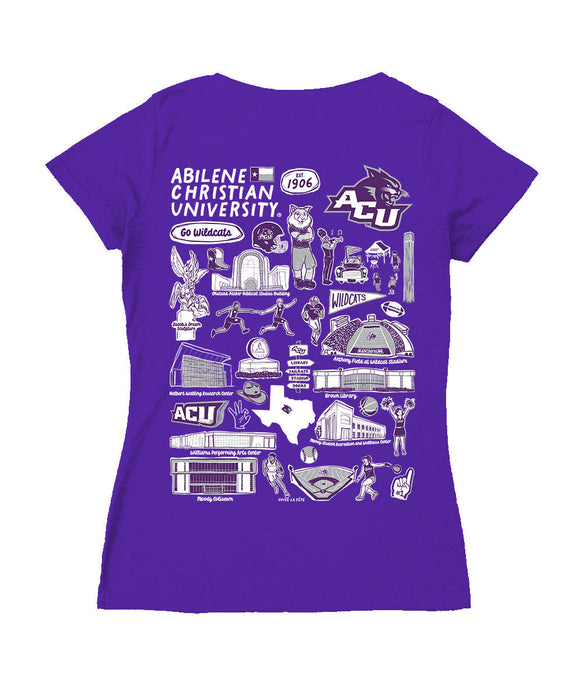 Abilene Christian Hand Sketched Vive La Fete Impressions Artwork Women Cotton Short Sleeve V-Neck Tshirt