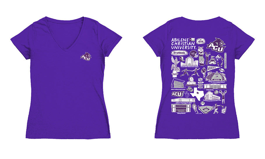 Abilene Christian Hand Sketched Vive La Fete Impressions Artwork Women Cotton Short Sleeve V-Neck Tshirt