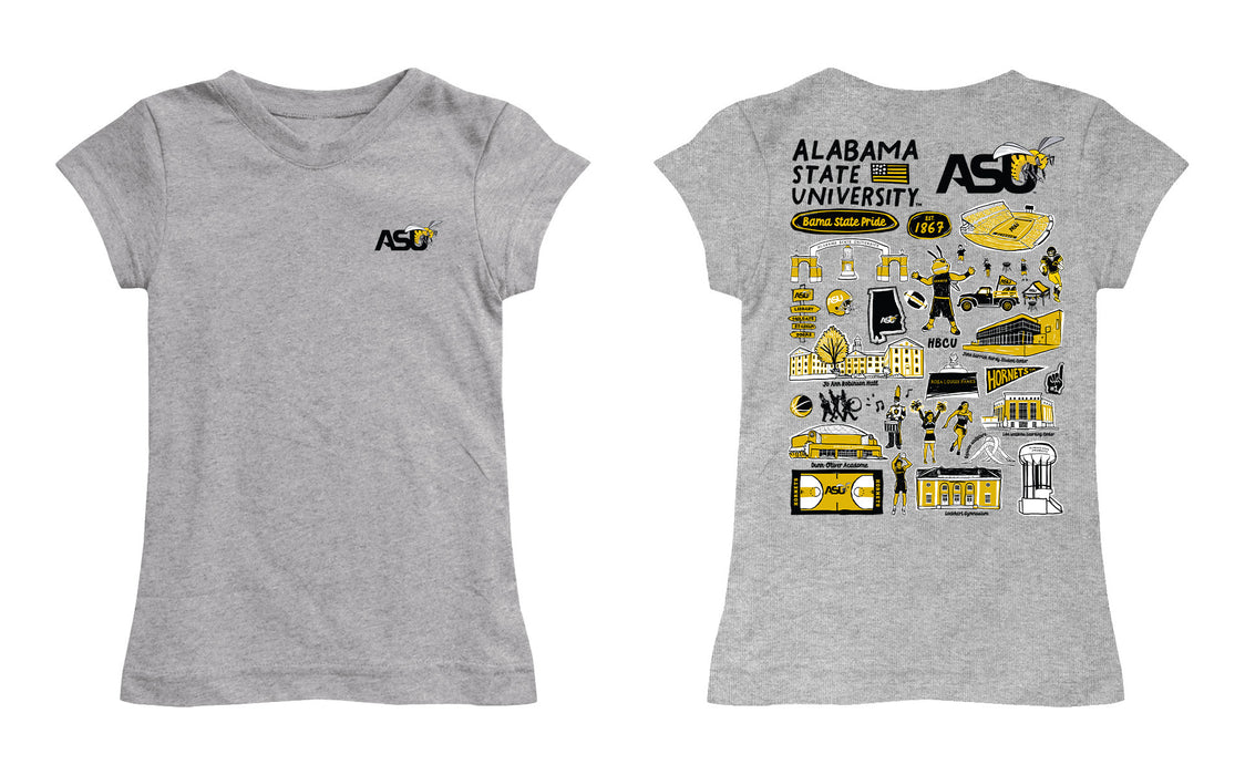 Alabama State Hornets Hand Sketched Vive La Fete Impressions Artwork Grey Girls Cotton Short Sleeve Tee - Vive La Fête - Online Apparel Store