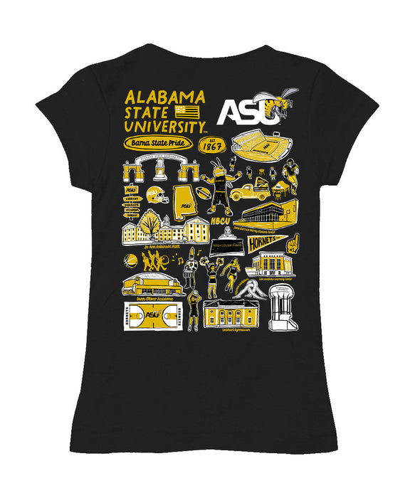 Alabama State Hornets Hand Sketched Vive La Fete Impressions Artwork Black Girls Cotton Short Sleeve Tee - Vive La Fête - Online Apparel Store