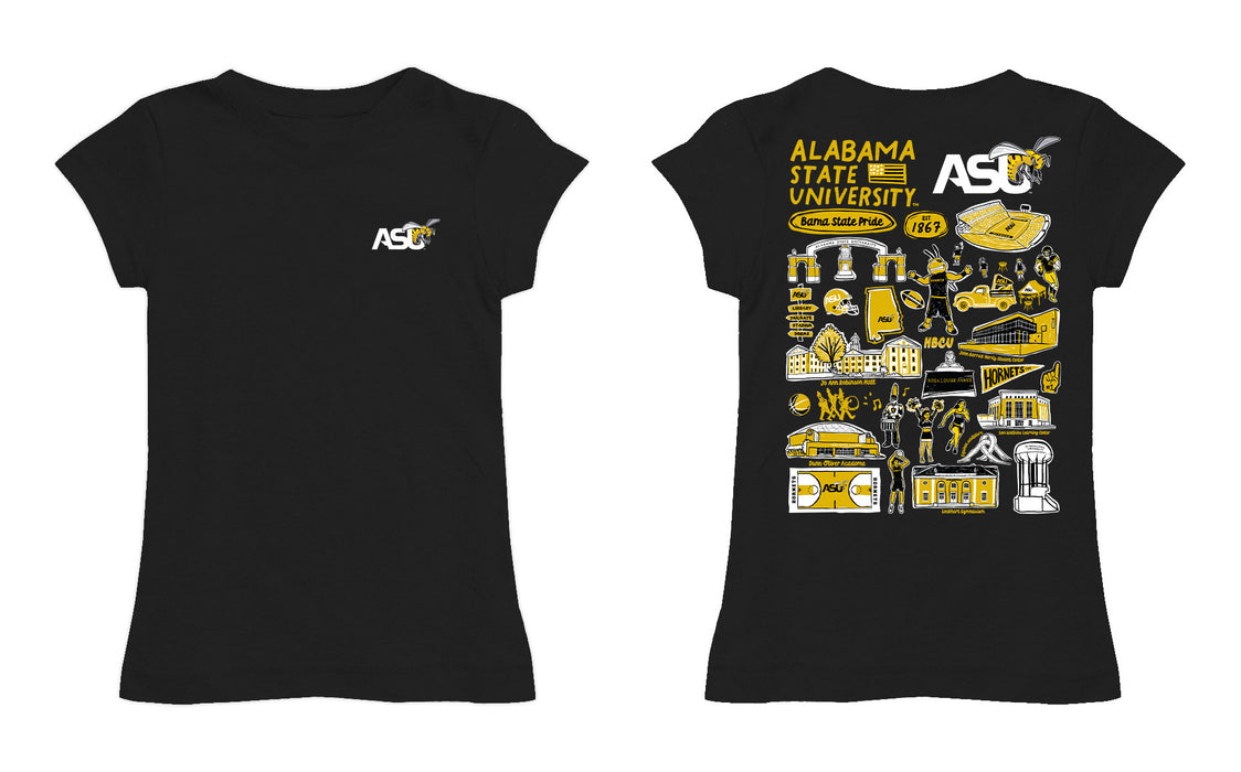 Alabama State Hornets Hand Sketched Vive La Fete Impressions Artwork Black Girls Cotton Short Sleeve Tee - Vive La Fête - Online Apparel Store