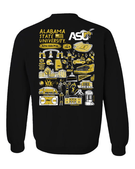 Alabama State Hornets Hand Sketched Artwork Black Crewneck Sweatshirt for Women - Vive La Fête - Online Apparel Store