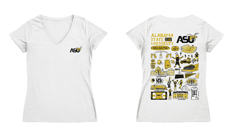 Alabama State Hornets Hand Sketched Vive La Fete Impressions Artwork Women Cotton Short Sleeve V-Neck Tshirt