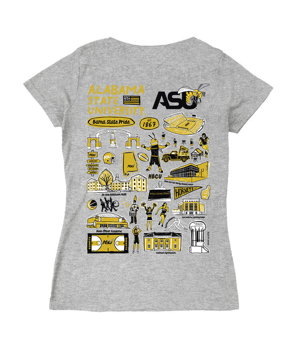 Alabama State Hornets Hand Sketched Vive La Fete Impressions Artwork Women Cotton Short Sleeve V-Neck Tshirt
