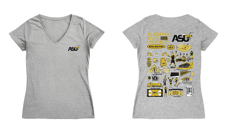 Alabama State Hornets Hand Sketched Vive La Fete Impressions Artwork Women Cotton Short Sleeve V-Neck Tshirt