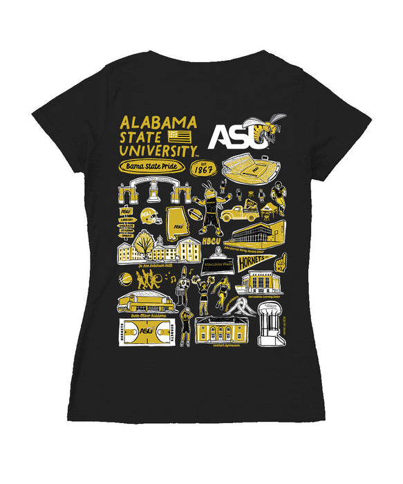 Alabama State Hornets Hand Sketched Vive La Fete Impressions Artwork Women Cotton Short Sleeve V-Neck Tshirt