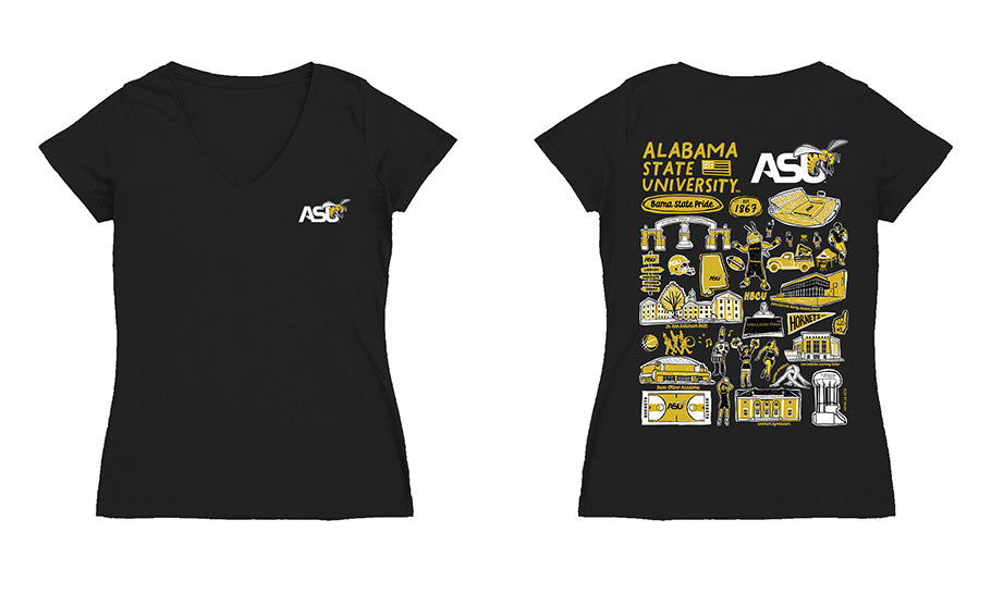 Alabama State Hornets Hand Sketched Vive La Fete Impressions Artwork Women Cotton Short Sleeve V-Neck Tshirt