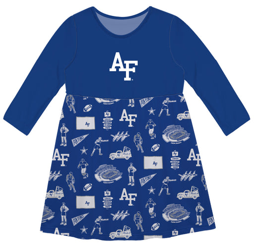 US Airforce Falcons Long Sleeve Solid Royal Repeat Print Hand Sketched Impressions Artwork on Skirt