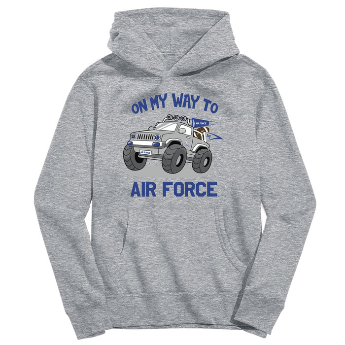US Airforce Falcons On My Way Monster Truck Heather Grey Cotton Youth Hoodie