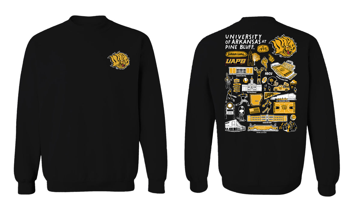 UAPB University of Arkansas Pine Bluff Golden Lions Hand Sketched Vive La Fete Impressions Artwork Black Crew Neck Sweat - Vive La Fête - Online Apparel Store