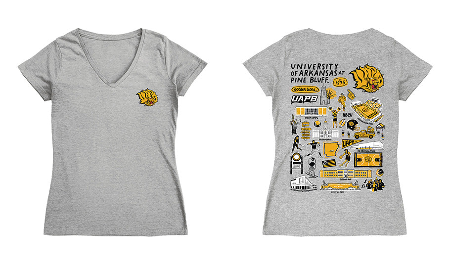 UAPB Golden Lions Hand Sketched Vive La Fete Impressions Artwork Women Cotton Short Sleeve V-Neck Tshirt