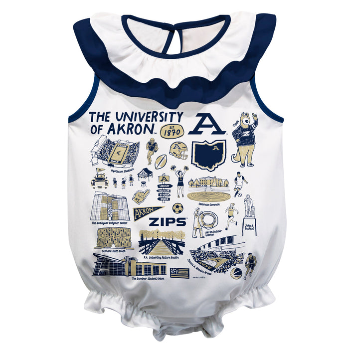Akron Zips  White Hand Sketched Vive La Fete Impressions Artwork Sleeveless Ruffle Onesie Bodysuit