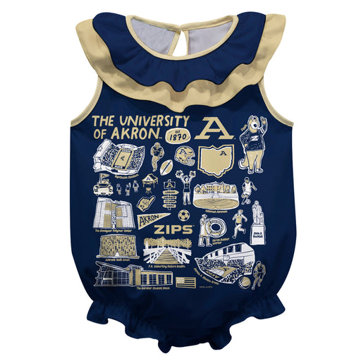 Akron Zips  Blue Hand Sketched Vive La Fete Impressions Artwork Sleeveless Ruffle Onesie Bodysuit