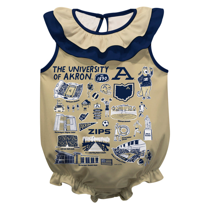 Akron Zips  Gold Hand Sketched Vive La Fete Impressions Artwork Sleeveless Ruffle Onesie Bodysuit