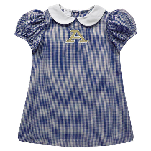 Akron Zips Embroidered Navy Gingham Short Sleeve A Line Dress