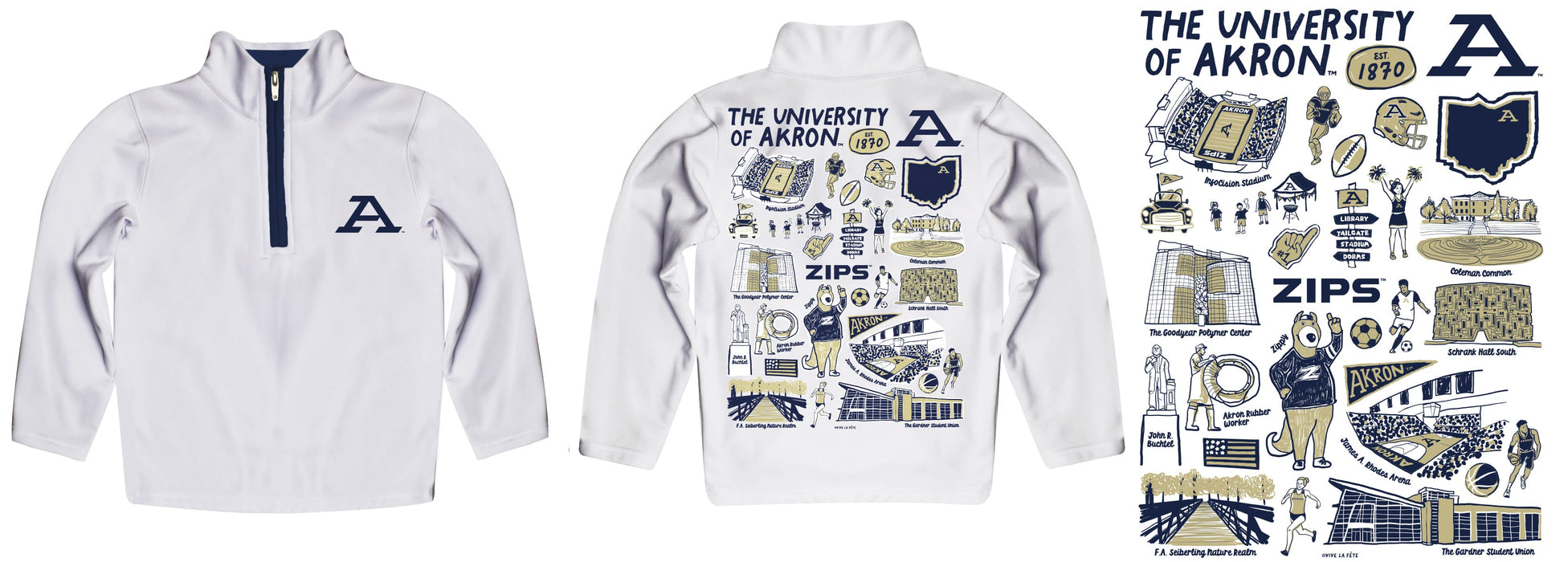 Akron Zips Hand Sketched Vive La Fete Impressions Artwork White Boys Quarter Zip Pullover V1 - Vive La Fête - Online Apparel Store