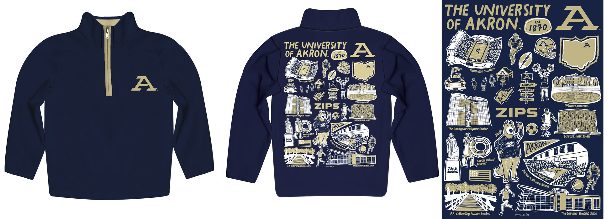Akron Zips Hand Sketched Vive La Fete Impressions Artwork Blue Boys Quarter Zip Pullover V1 - Vive La Fête - Online Apparel Store