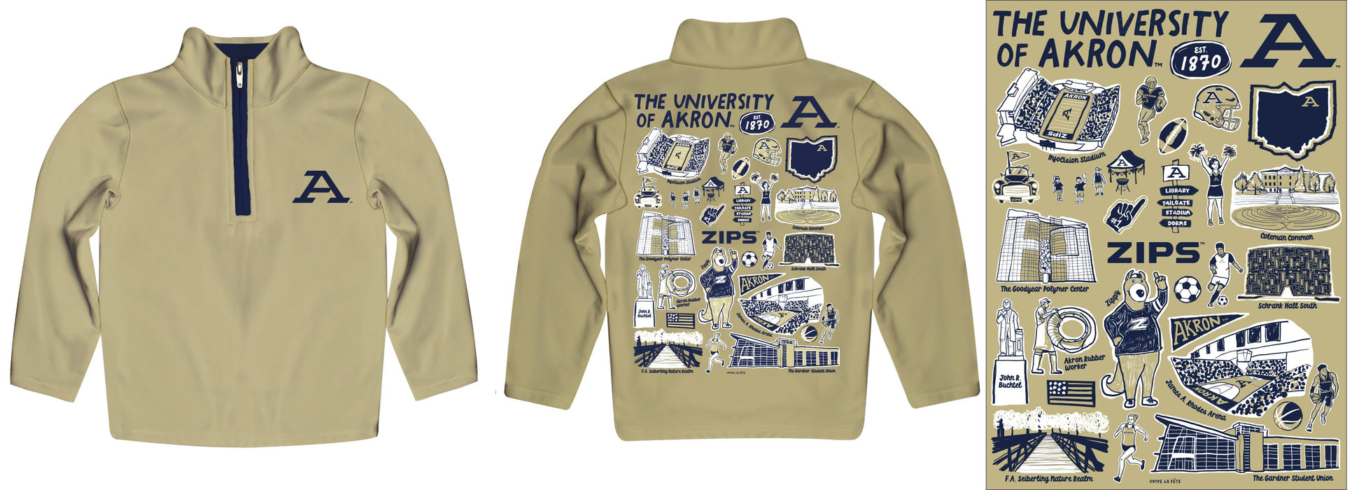 Akron Zips Hand Sketched Vive La Fete Impressions Artwork Gold Boys Quarter Zip Pullover V1 - Vive La Fête - Online Apparel Store