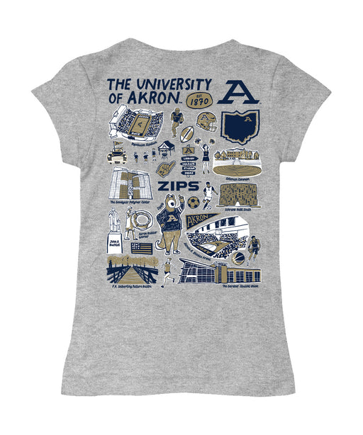 Akron Zips Hand Sketched Vive La Fete Impressions Artwork Grey Girls Cotton Short Sleeve Tee - Vive La Fête - Online Apparel Store