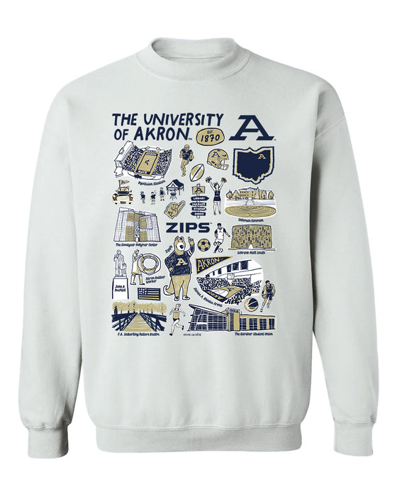 Akron Zips Hand Sketched Vive La Fete Impressions White Cotton Crewneck Sweatshirt for Women